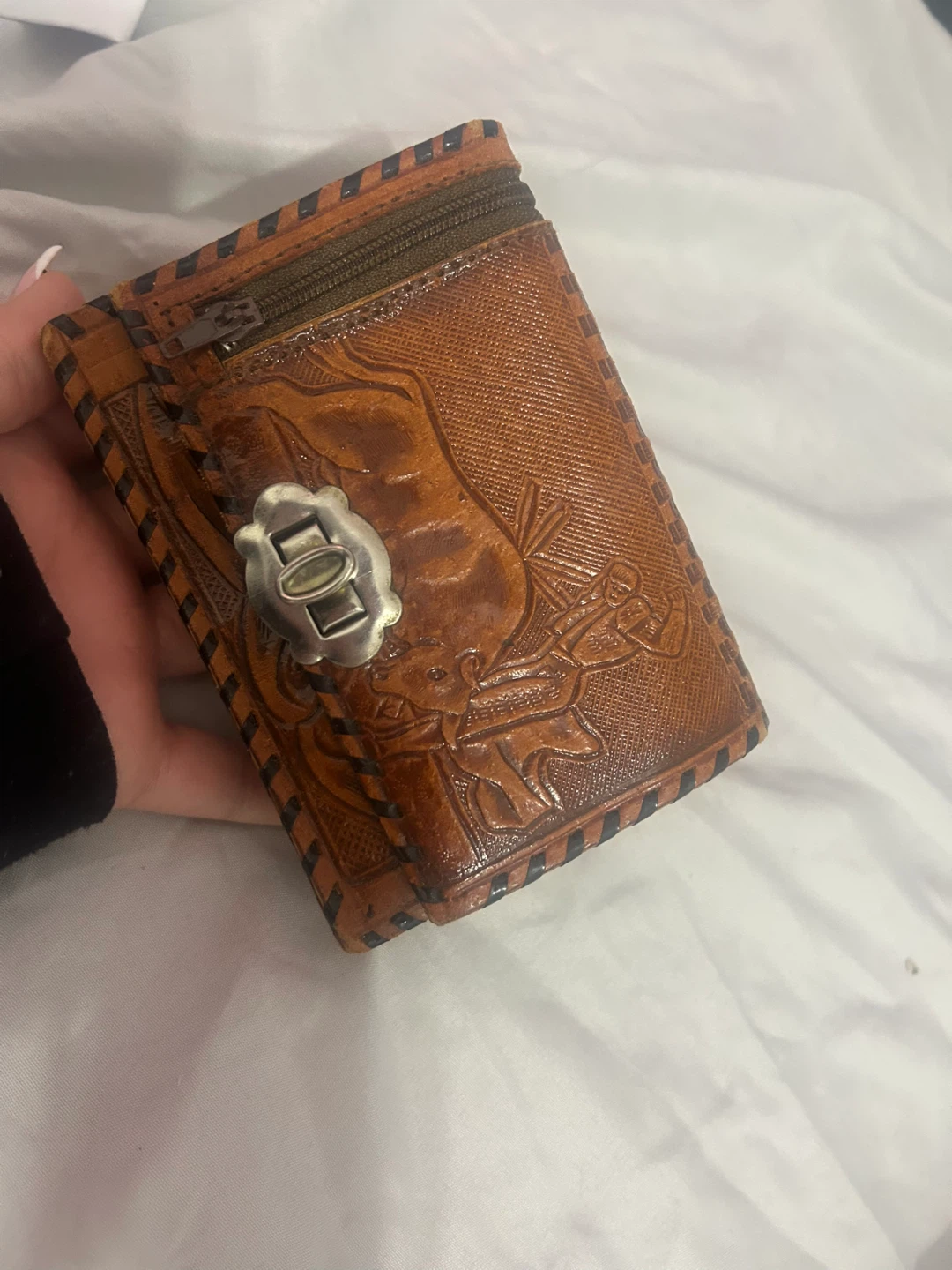 Brown tooled leather wallet made in mexico
