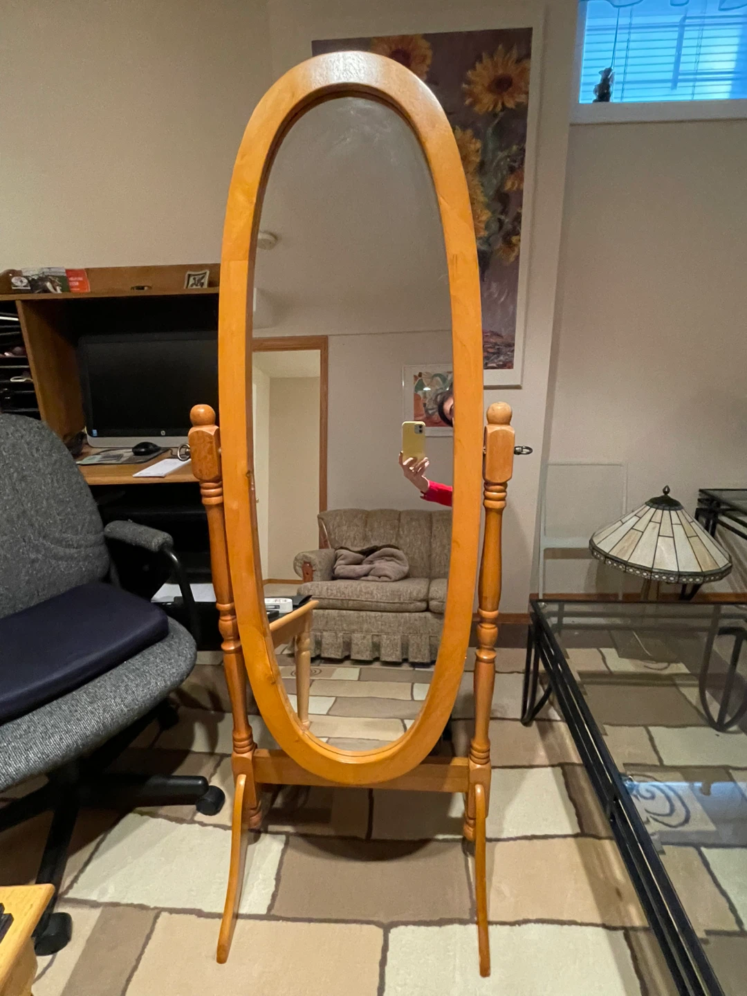 Oval Standing Mirror with Wooden Frame