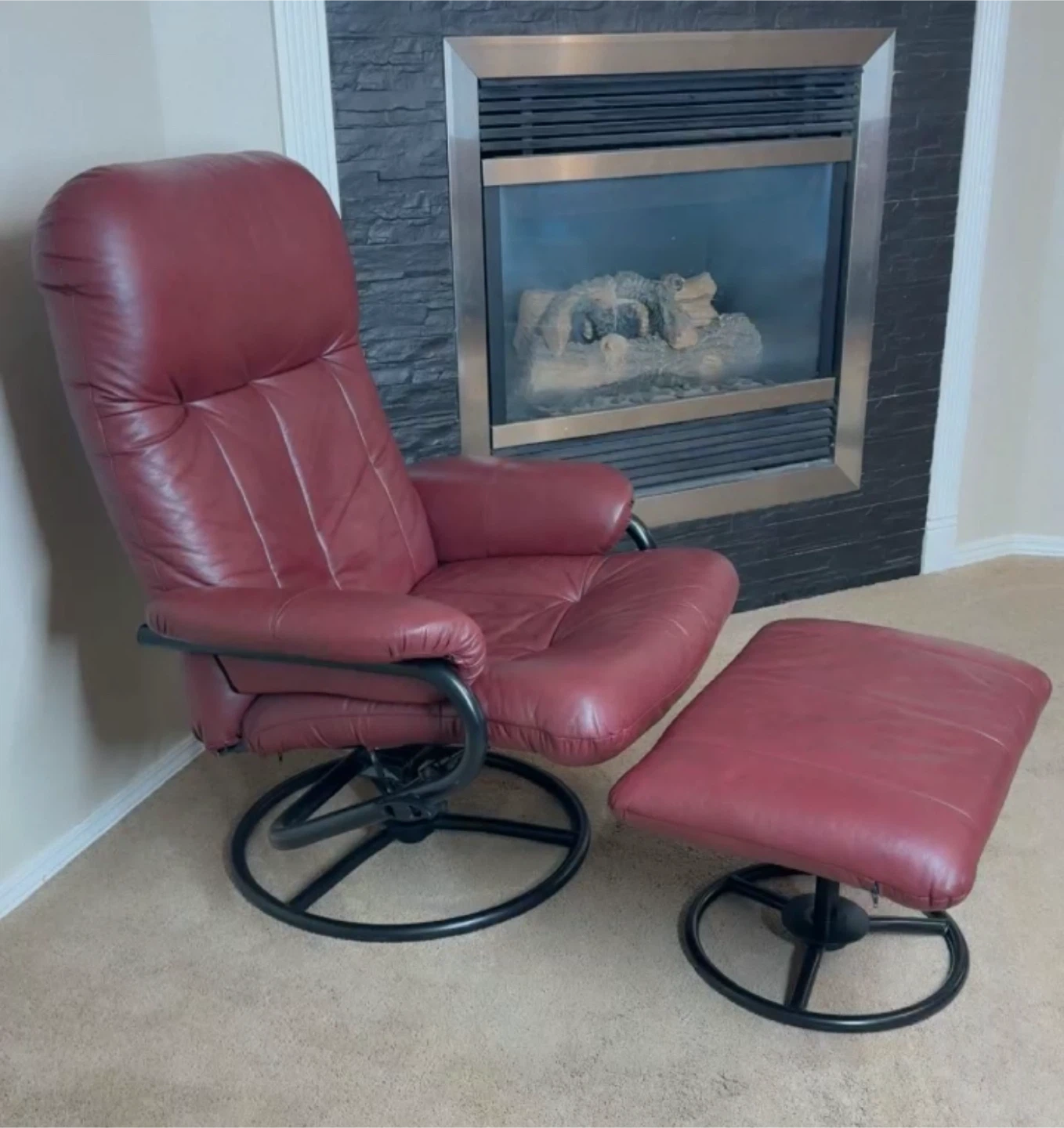 Palliser Burgundy Leather Recliner Chair with Ottoman