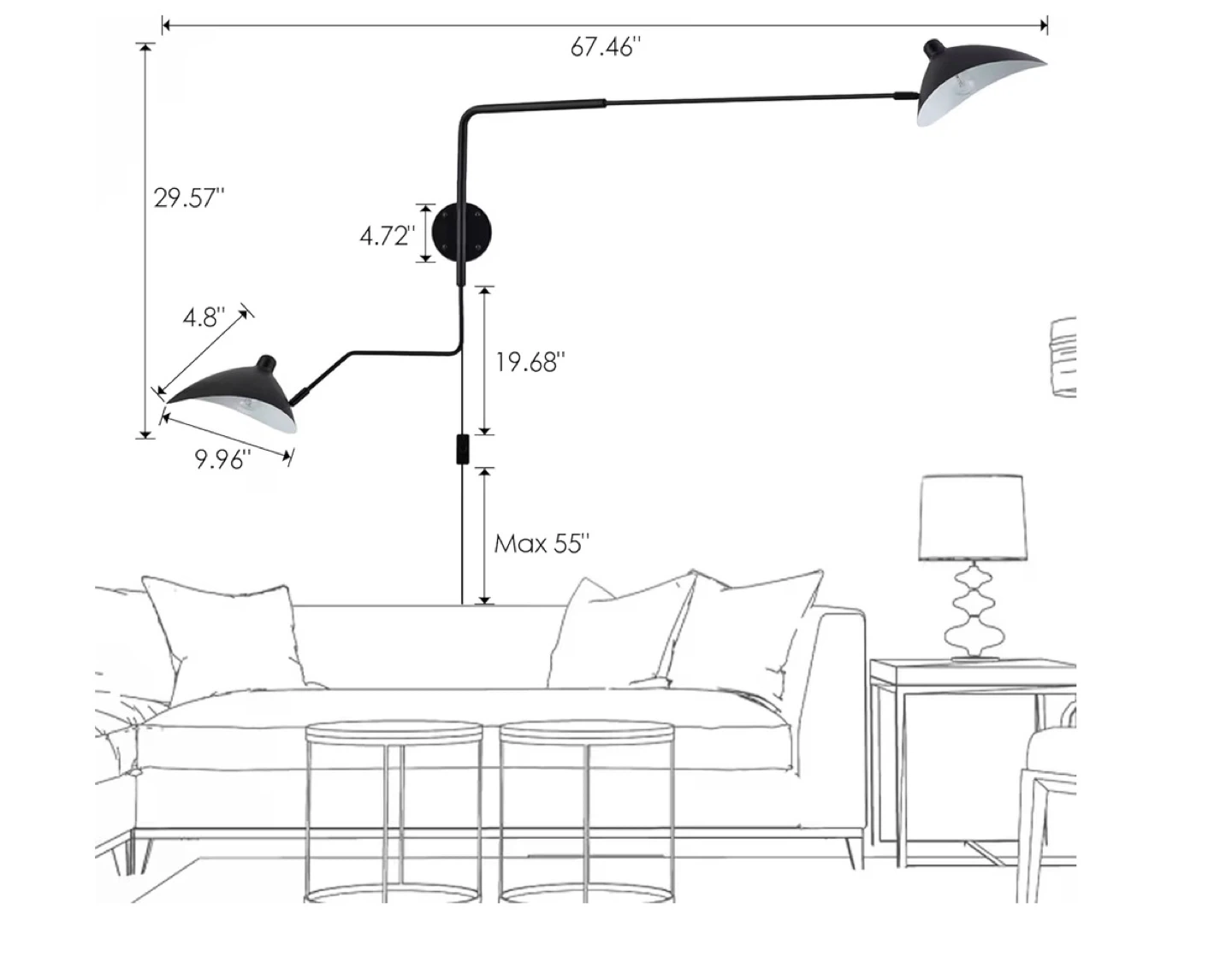 Mid-Century Wall Sconce Plug-in Adjustable 2-Arms, Black MC67 - photo 3