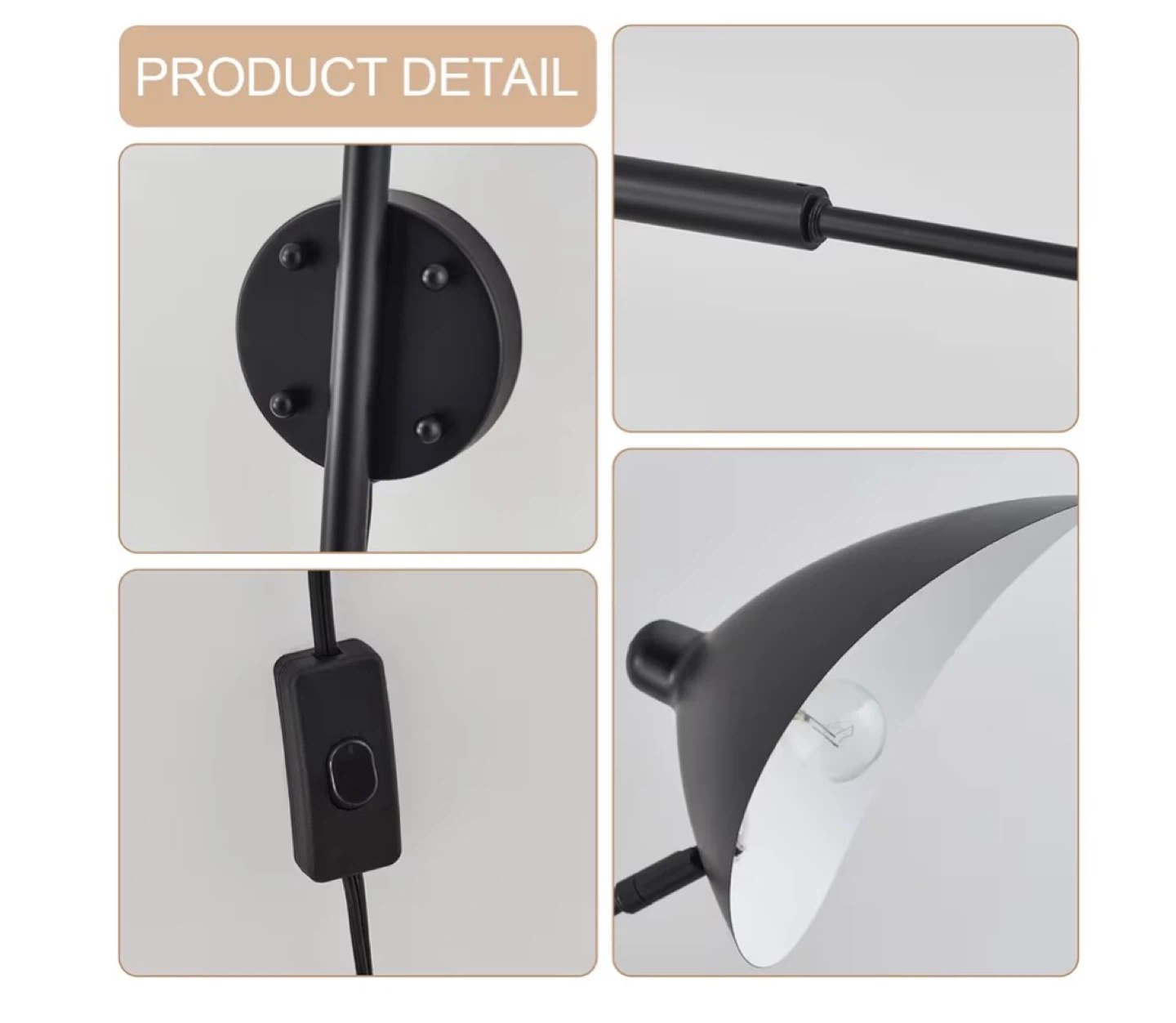 Mid-Century Wall Sconce Plug-in Adjustable 2-Arms, Black MC67 - photo 4