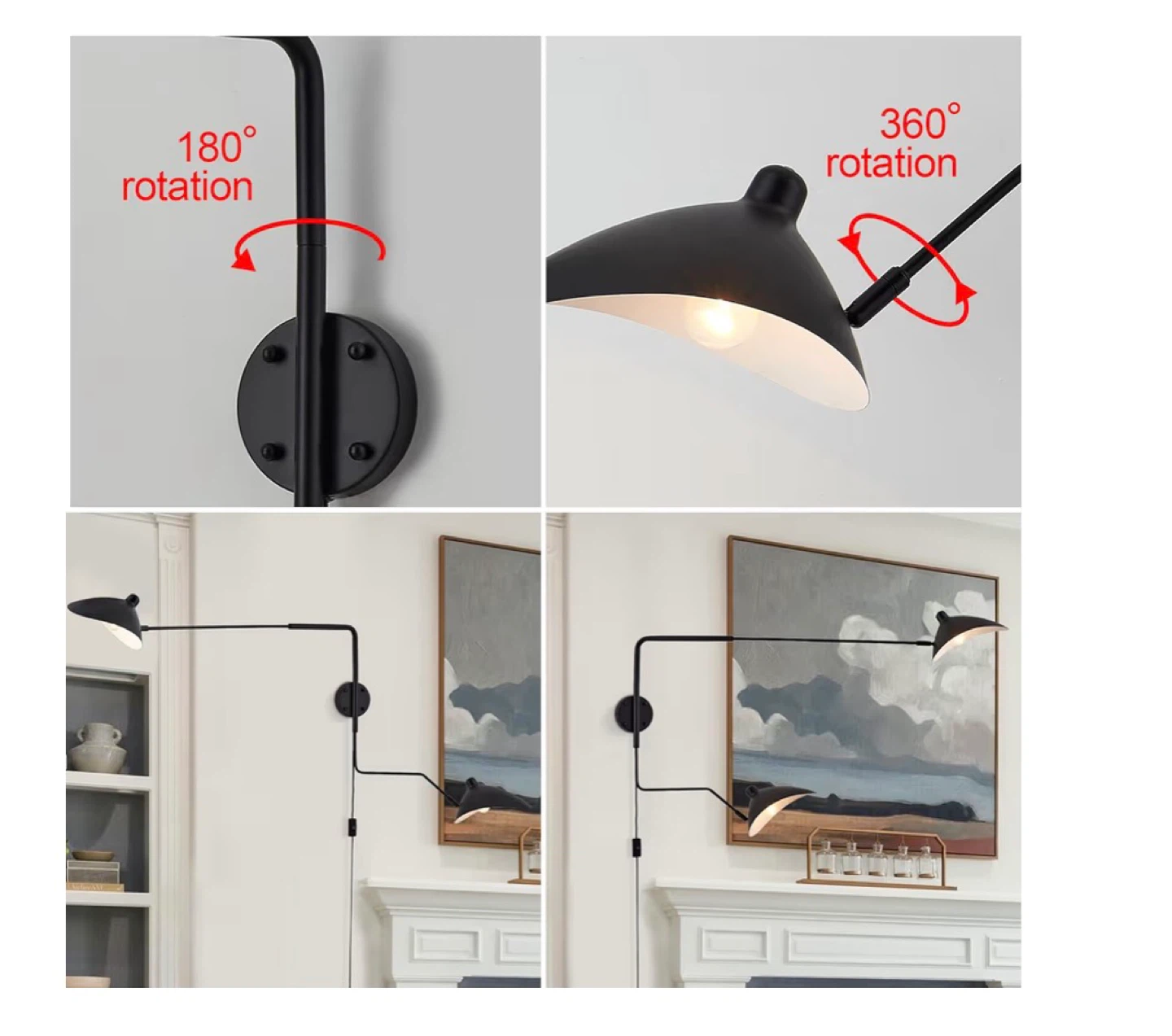 Mid-Century Wall Sconce Plug-in Adjustable 2-Arms, Black MC67 - photo 2