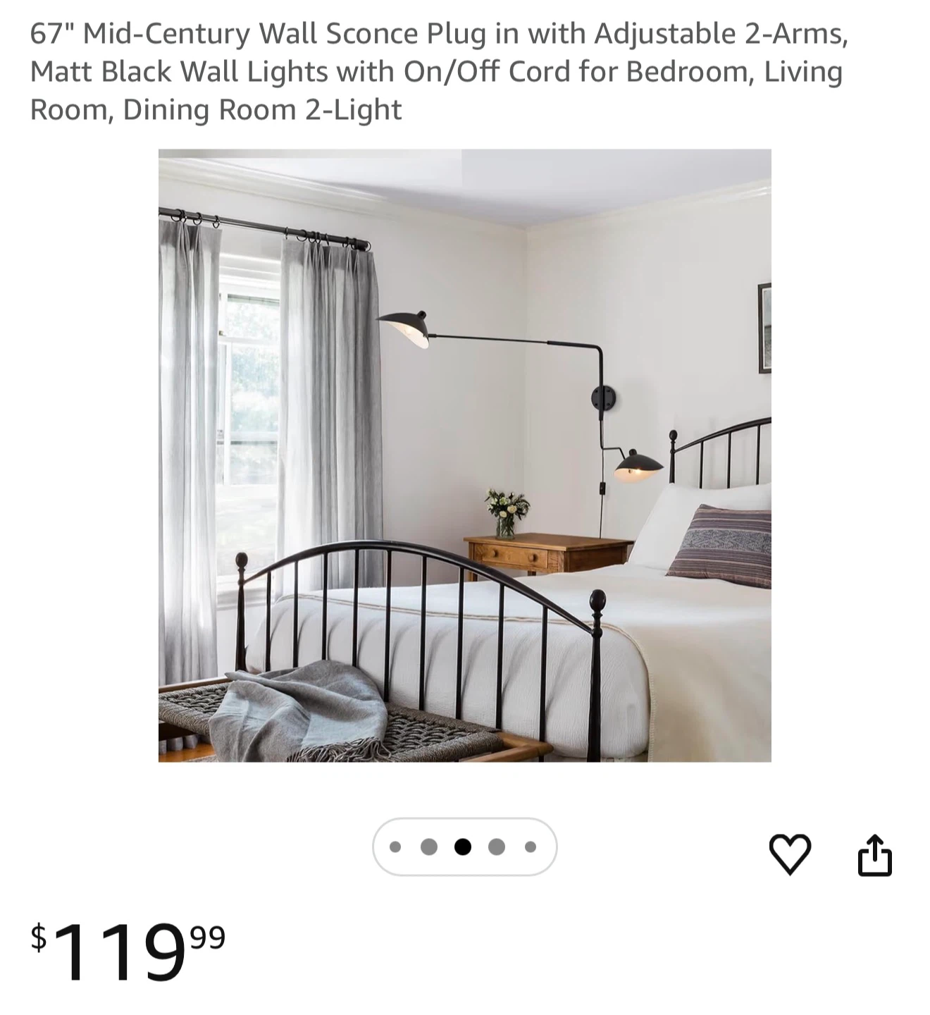Mid-Century Wall Sconce Plug-in Adjustable 2-Arms, Black MC67