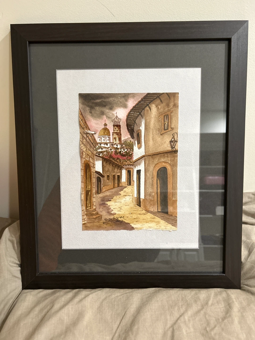 Framed Watercolor Painting of European Street Scene