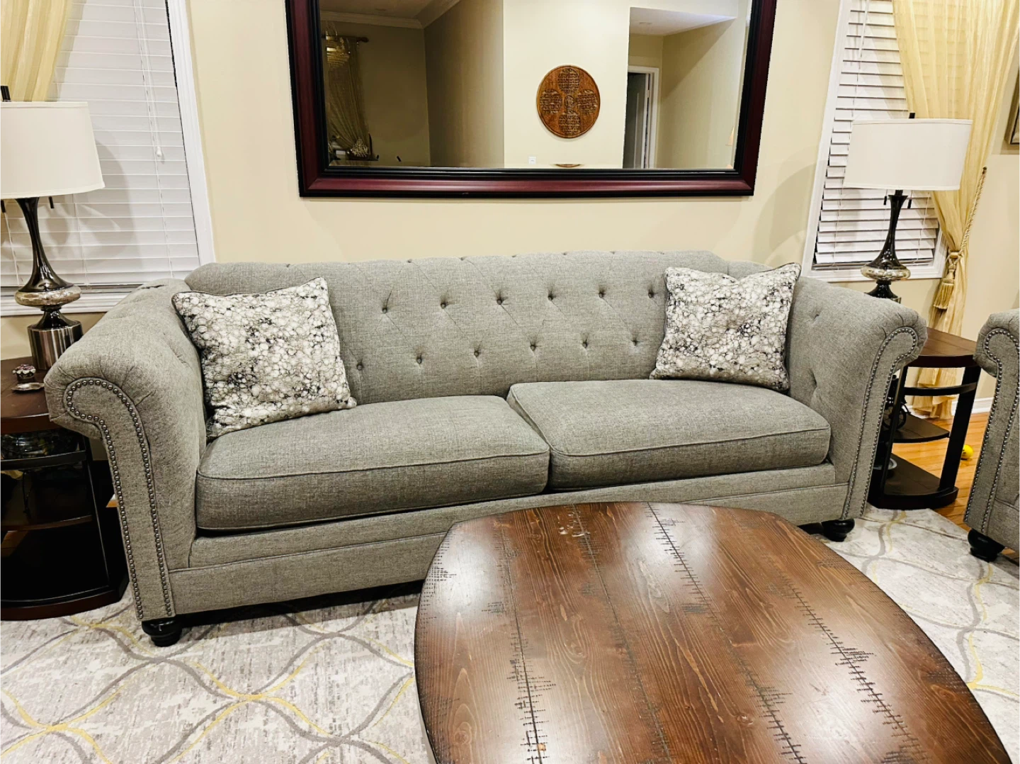 Grey Tufted Loveseat Sofa with Accent Pillows - photo 2