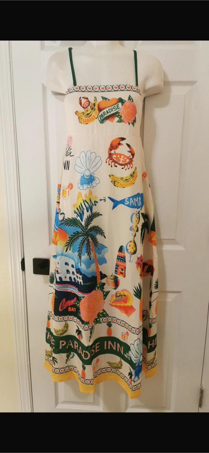 NEW! Linen Cute Spaghetti Strap Cami Maxi Dress Tropical Print - photo 4