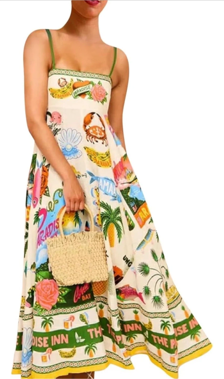 NEW! Linen Cute Spaghetti Strap Cami Maxi Dress Tropical Print
