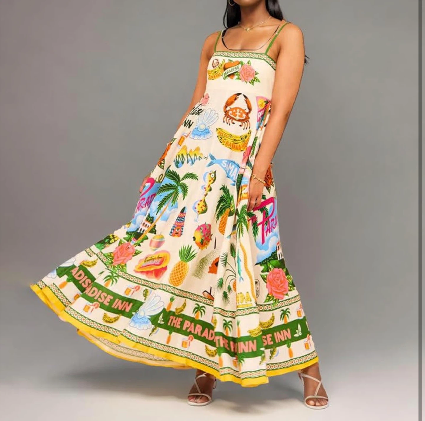 NEW! Linen Cute Spaghetti Strap Cami Maxi Dress Tropical Print - photo 2