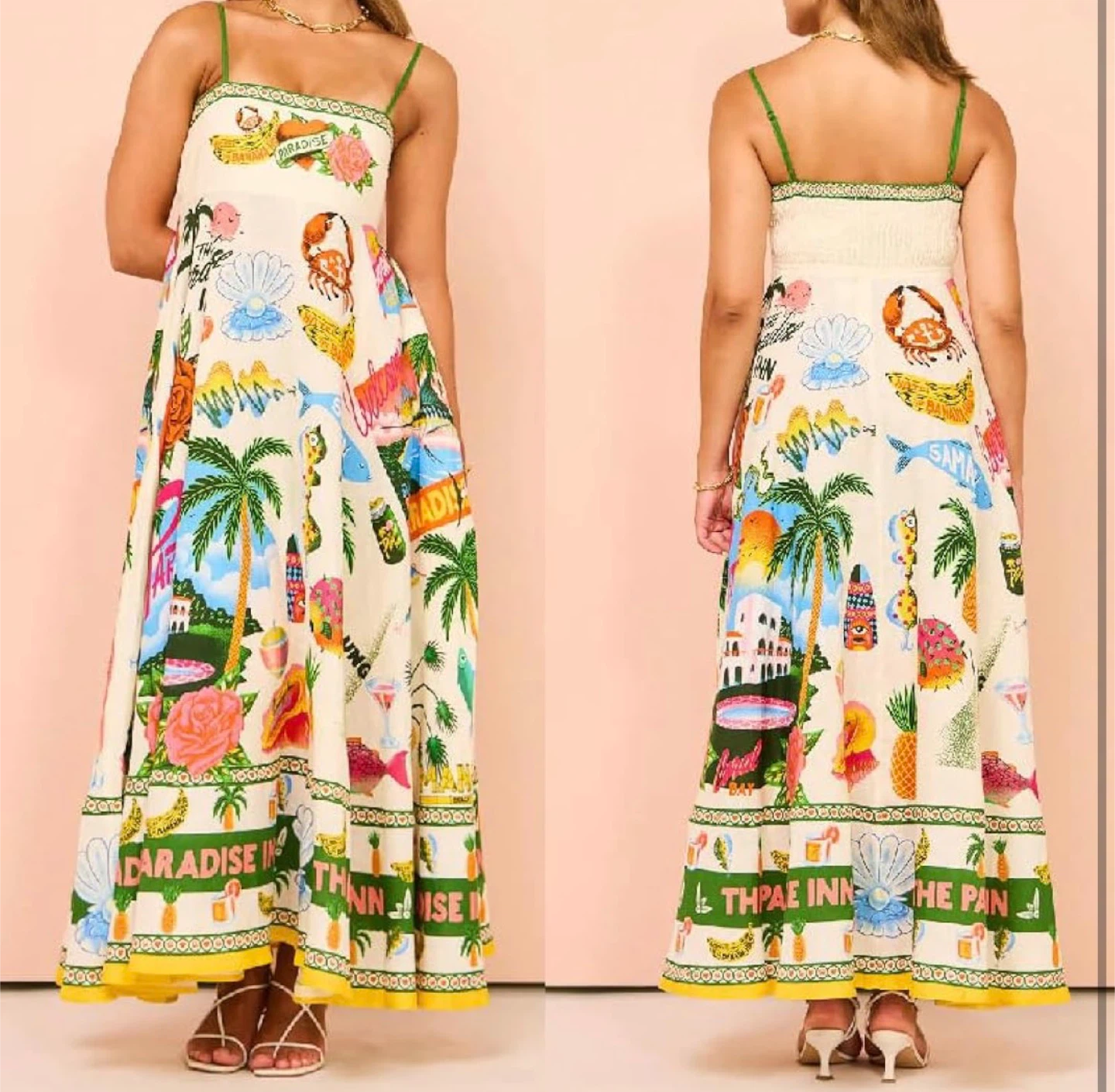 NEW! Linen Cute Spaghetti Strap Cami Maxi Dress Tropical Print - photo 3