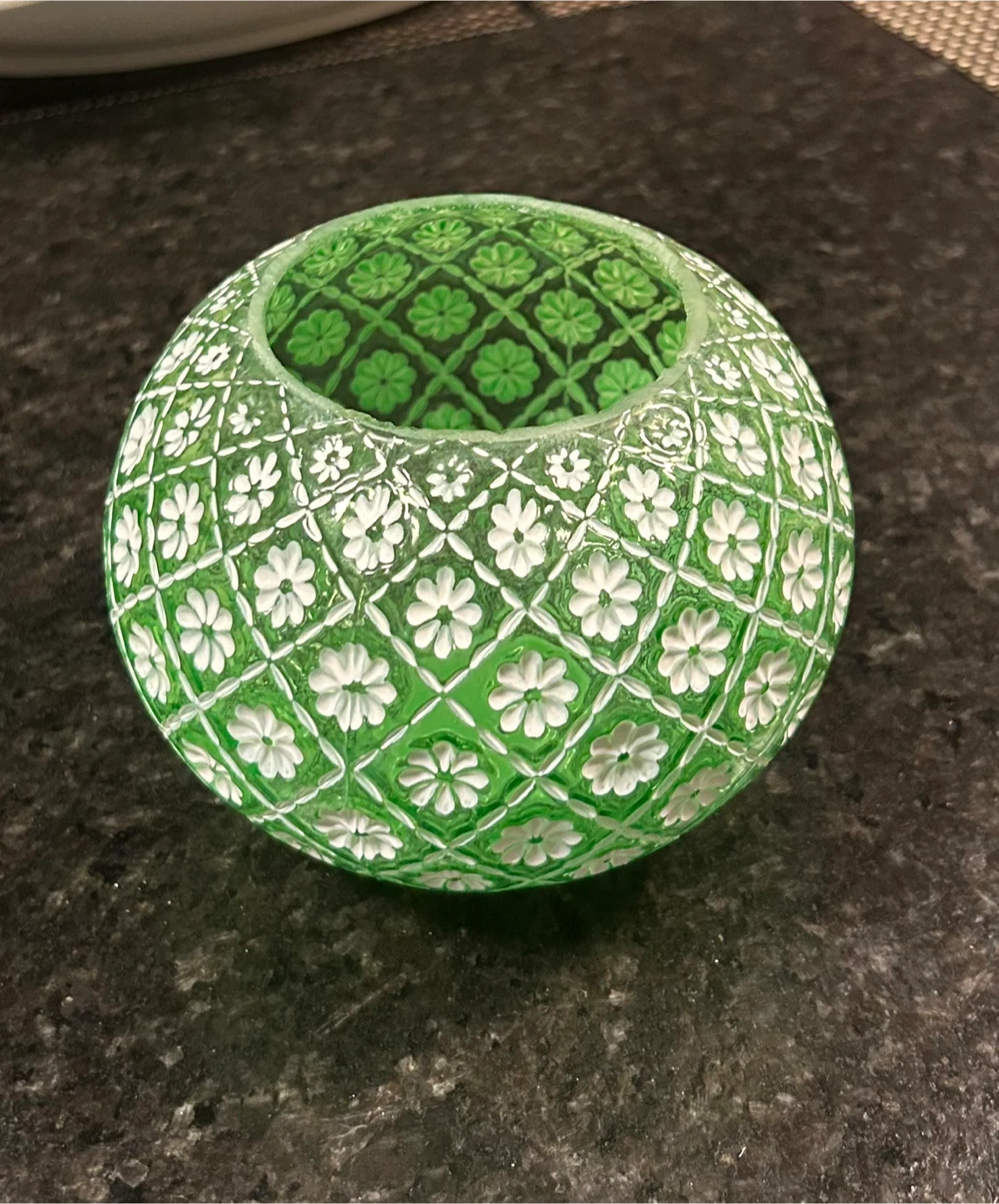 Green Glass Floral Etched Vase