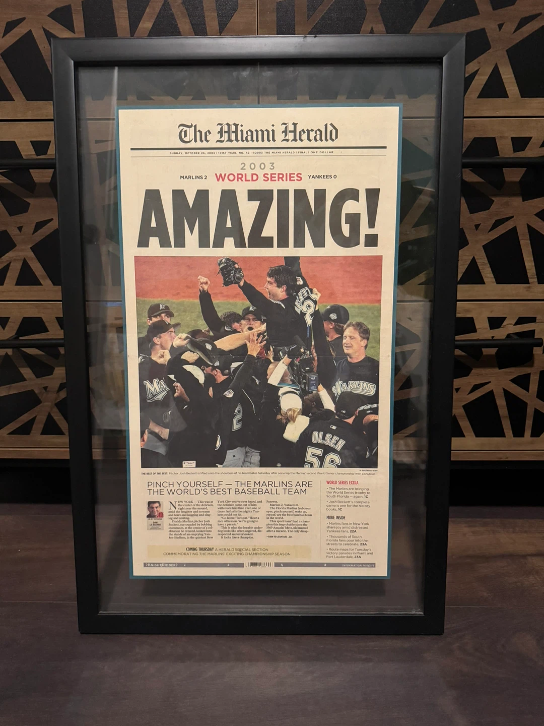 Florida Marlins World Series 2003 Framed Miami Herald Front Page