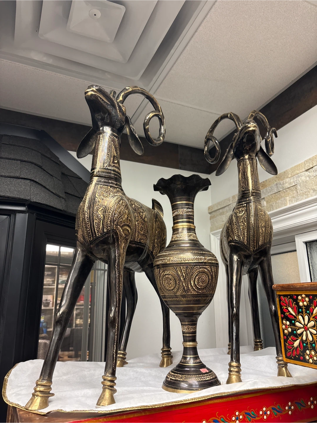 Decorative Brass Ram Statues and Vase Set