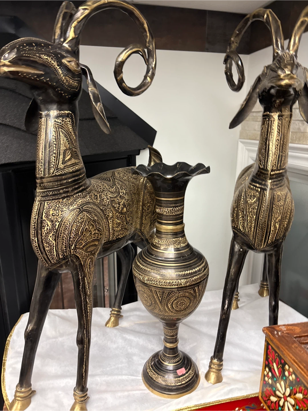Decorative Brass Ram Statues and Vase Set - photo 2