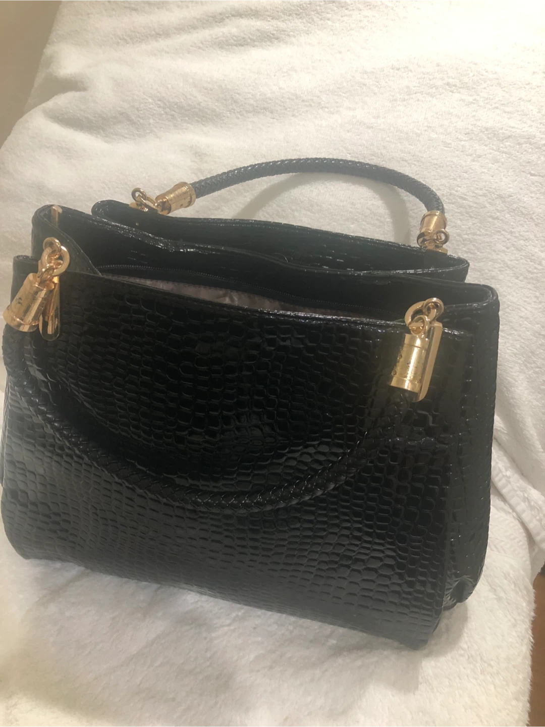 Black Patent Croc Embossed Handbag - photo 2