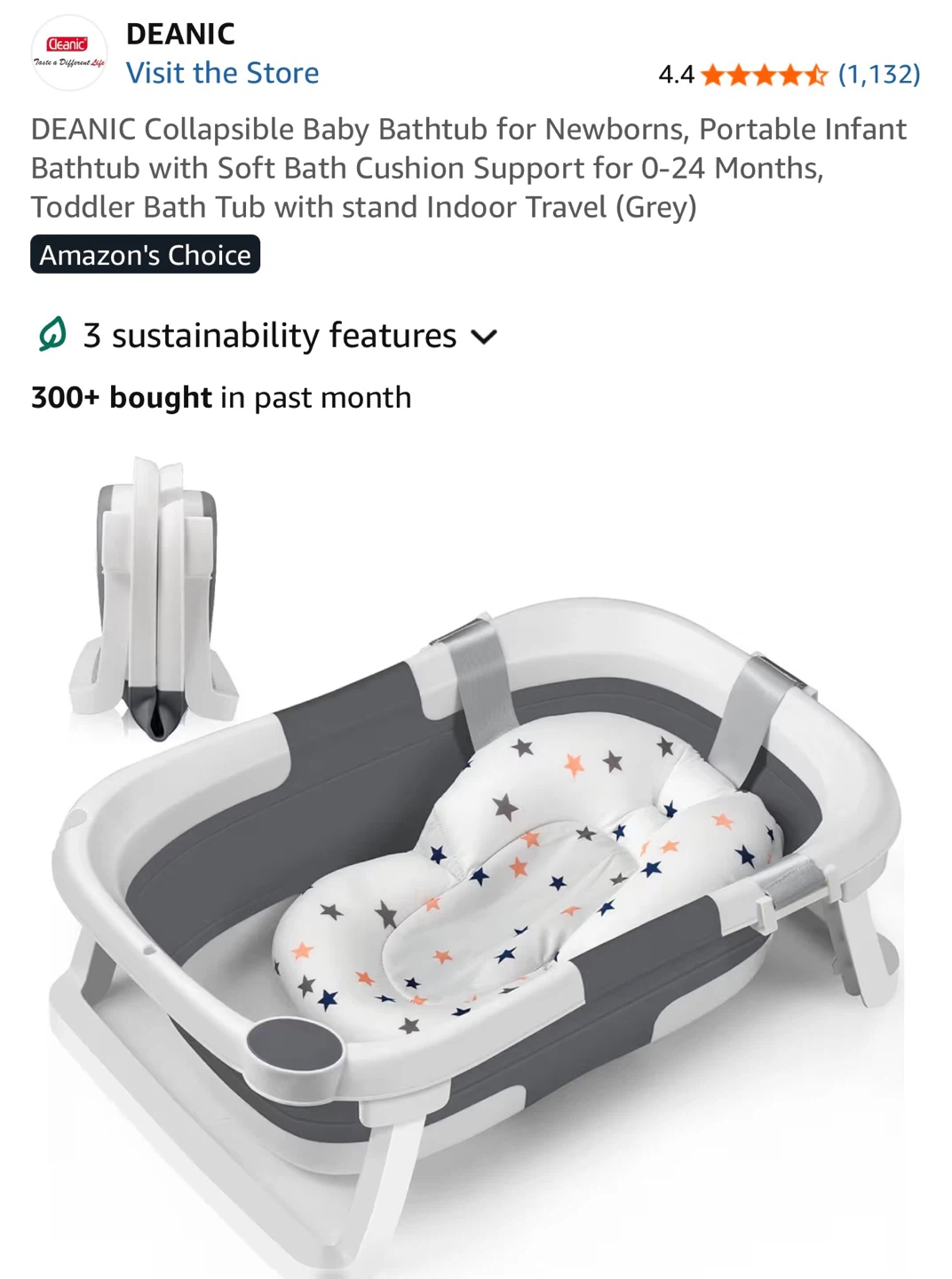 DEANIC Collapsible Baby Bathtub with Soft Bath Cushion - Grey