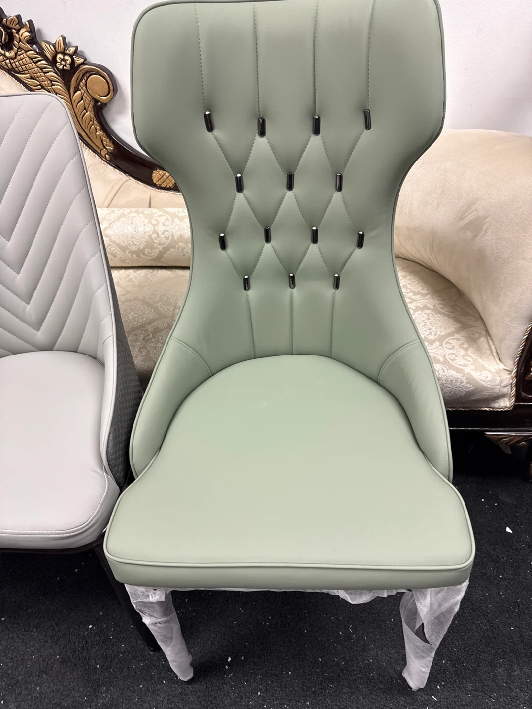Dining Chair - Tufted Back, Light Green Upholstery