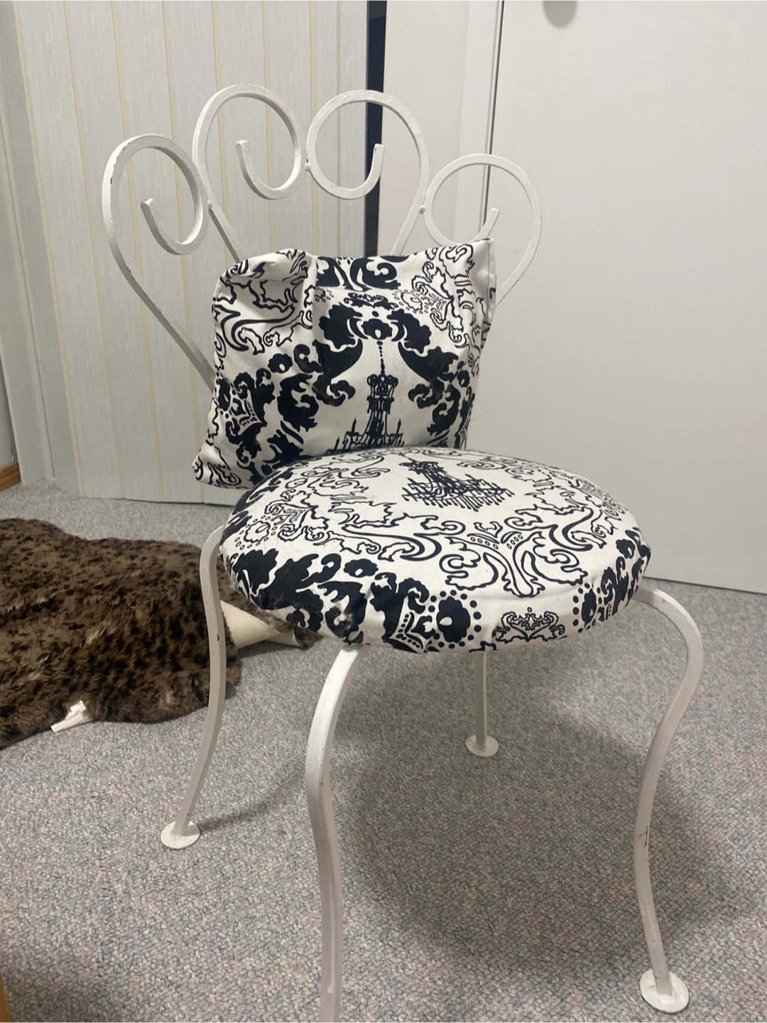White Metal Vanity Stool with Black and White Damask Cushion