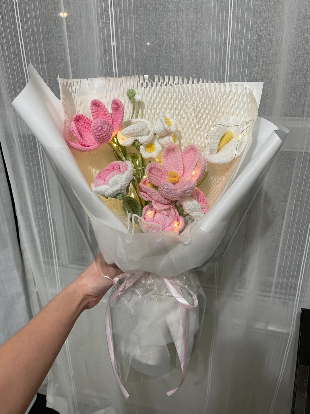 Handmade Crochet Flower Bouquet with Lights