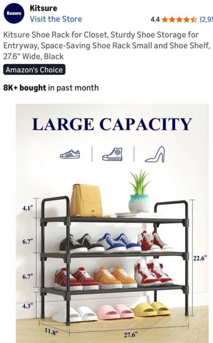 Kitsure 3-Tier Shoe Rack, 27.6" Wide, Black - photo 3