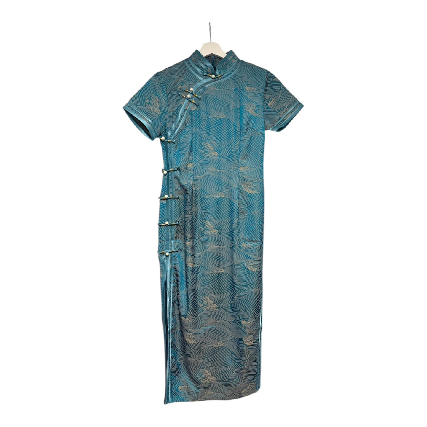Silk Spandex Blue Wave Print Cheongsam Qipao Mandarin Dress