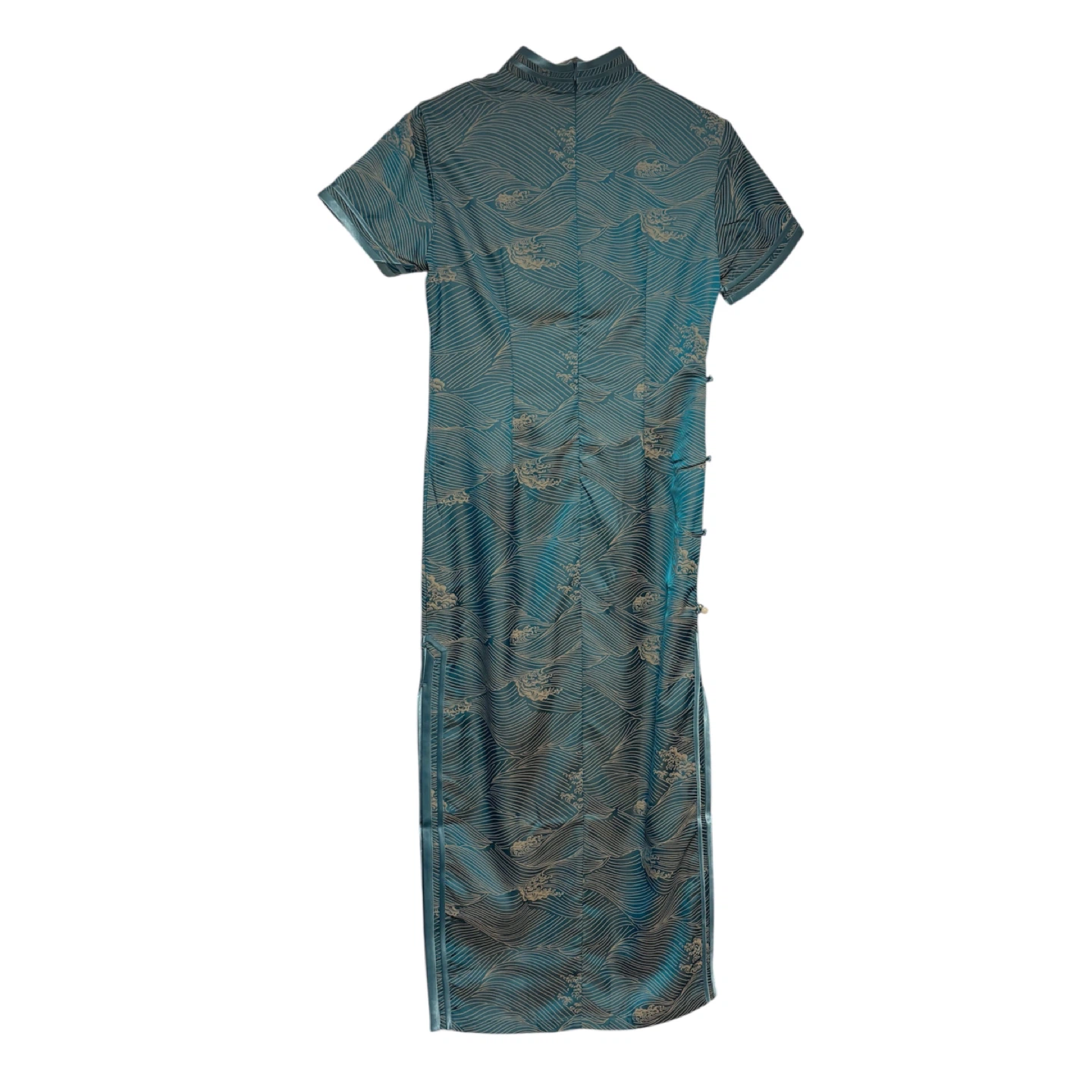 Silk Spandex Blue Wave Print Cheongsam Qipao Mandarin Dress - photo 2
