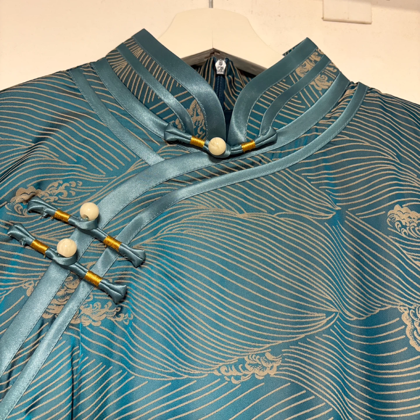 Silk Spandex Blue Wave Print Cheongsam Qipao Mandarin Dress - photo 3