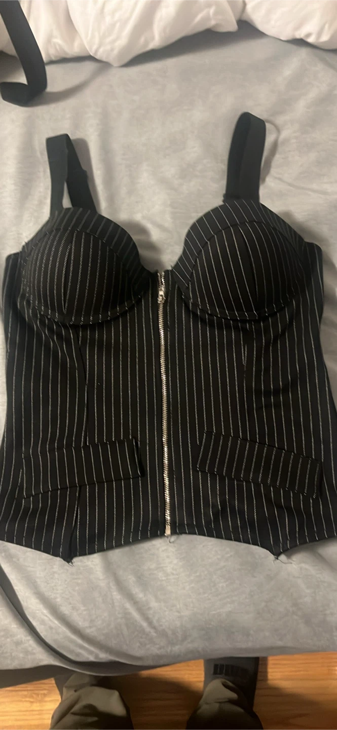 Black Pinstripe Corset Top & Tie Set