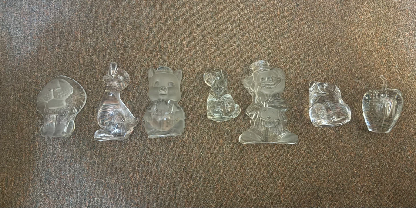 Set of 7 Clear Glass Animal and Apple Figurines