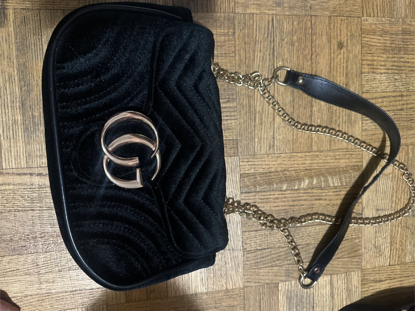 Black Velvet Quilted Handbag with Gold Chain Strap