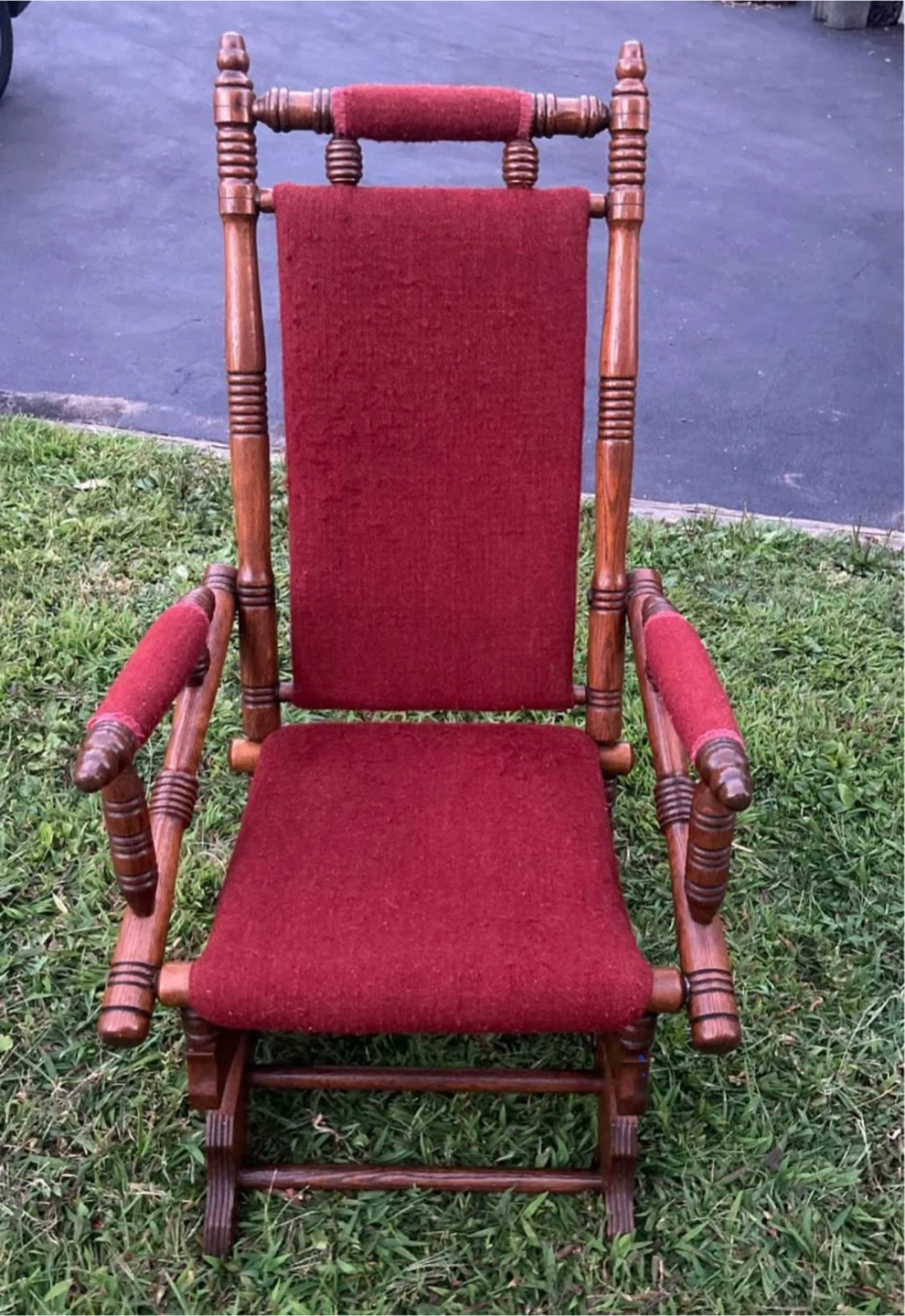 Antique Wooden Rocking Chair - Red Upholstery