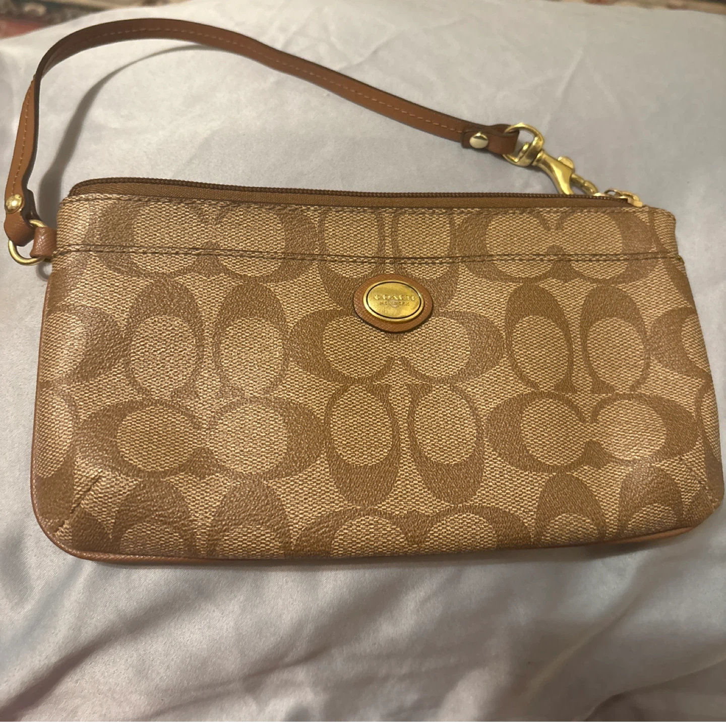 Coach Signature Wristlet Pouch Tan Brown