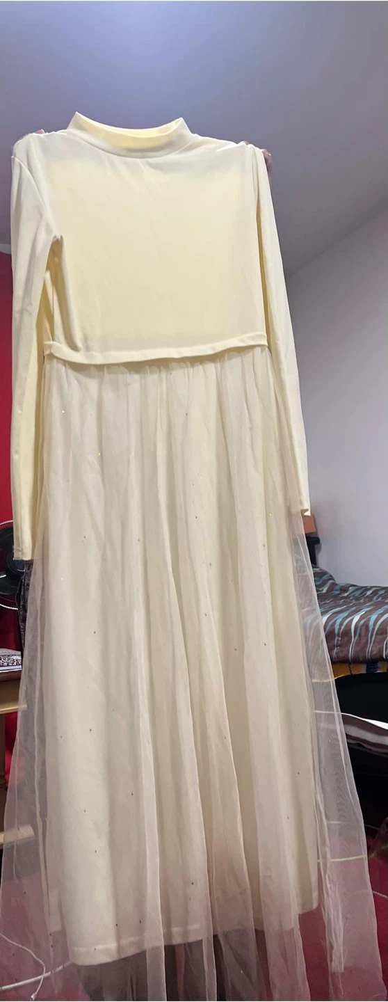 Cream Tulle Overlay Long Sleeve Dress - photo 2