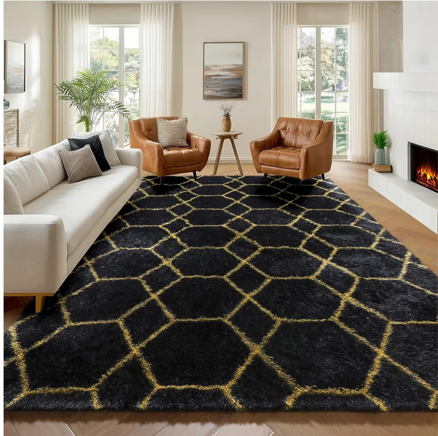 Plush Hexagon Pattern Area Rug - Black & Gold - photo 5
