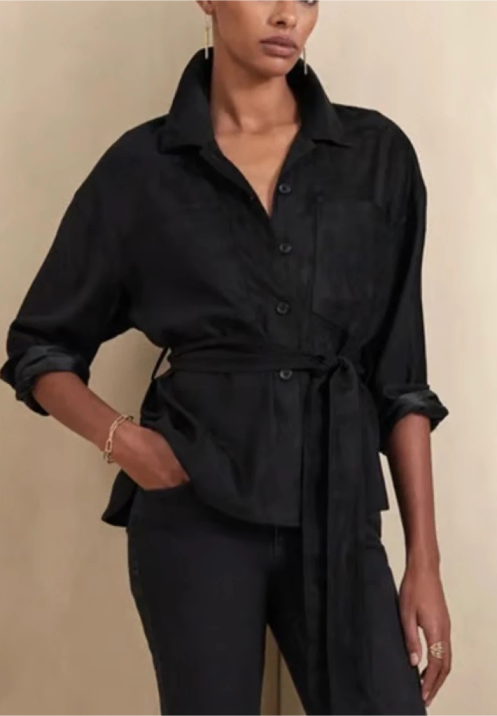 Banana Republic Black Vegan Suede Belted Shirt - Size S