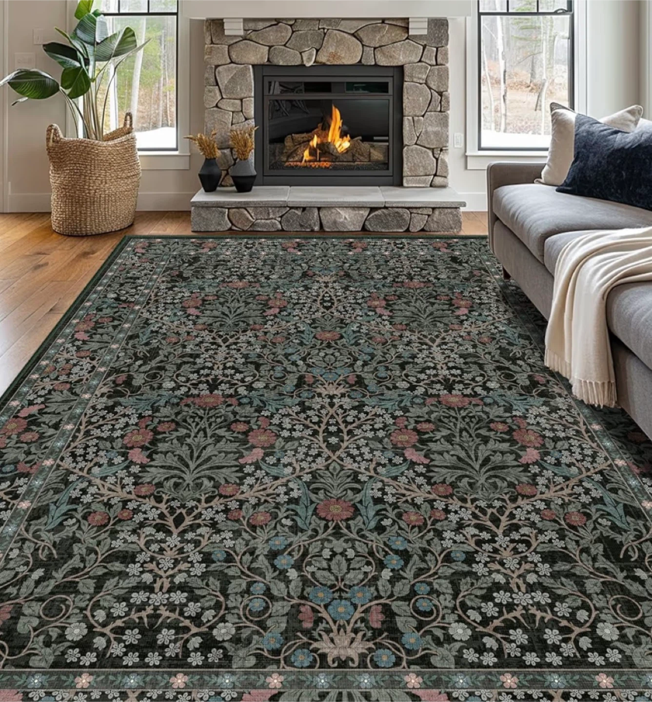 Shinefly Dark Green Floral Area Rug (8' x 10)