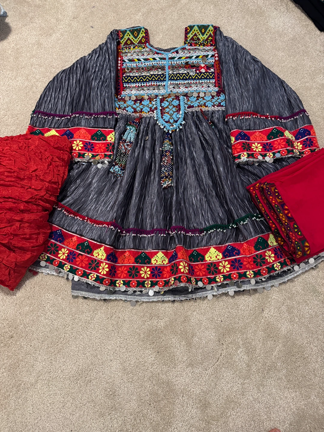 Embroidered Gray Dress with Red Accents
