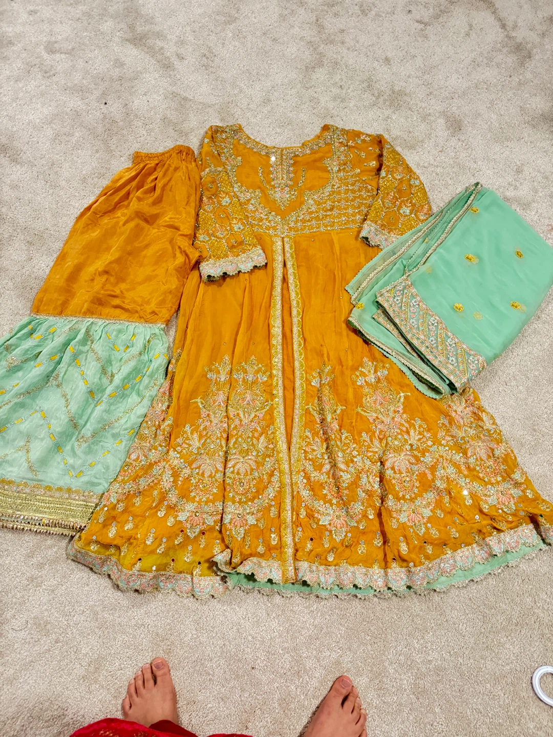 Embellished Orange and Mint Green Indian/Pakistani Dress Set - photo 4