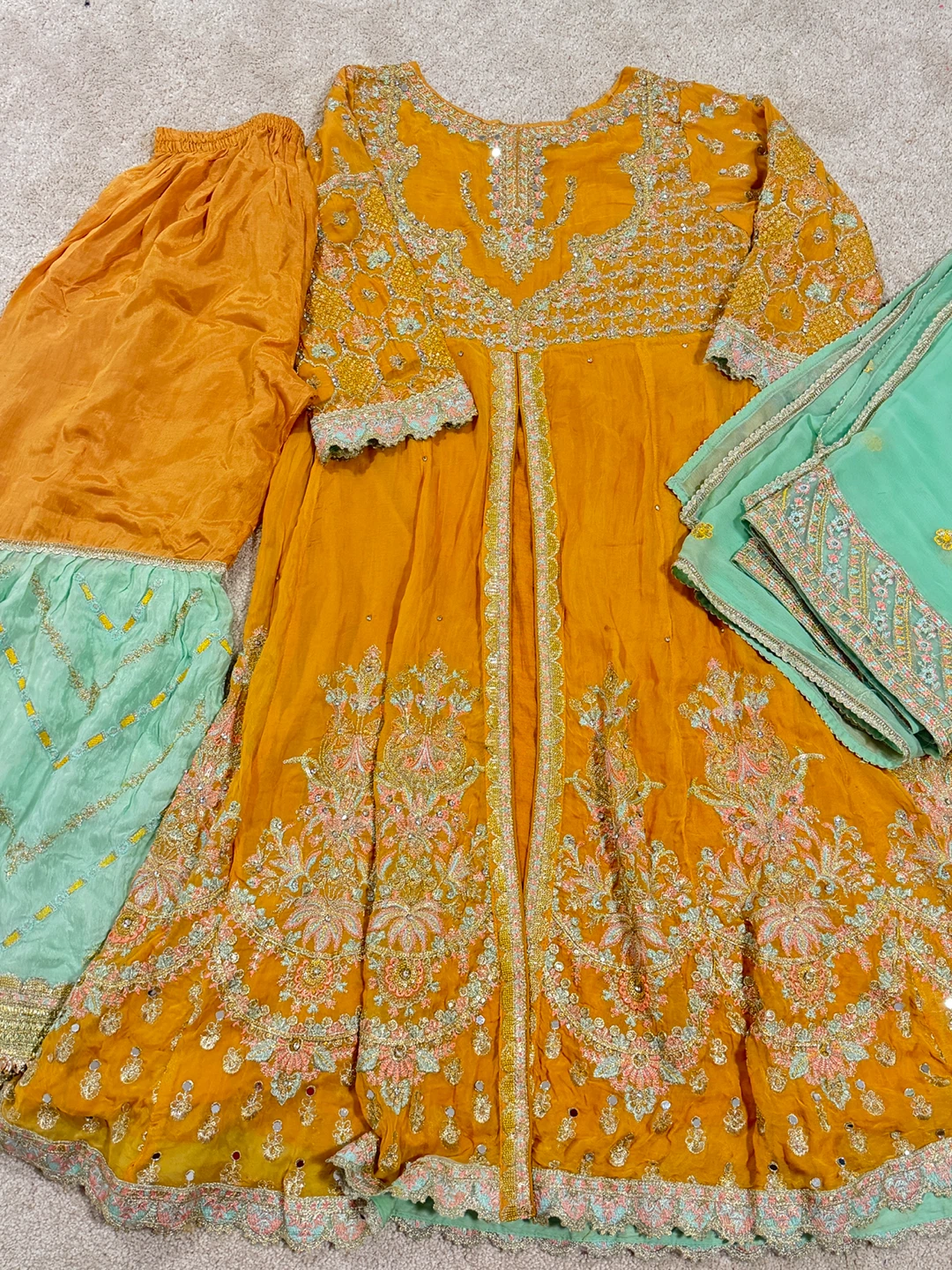 Embellished Orange and Mint Green Indian/Pakistani Dress Set - photo 2