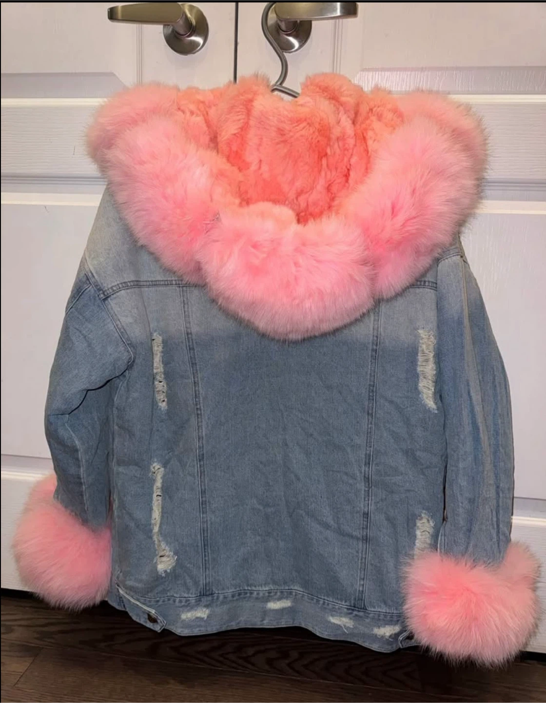 Pink Trimmed Distressed Denim Jacket - photo 2