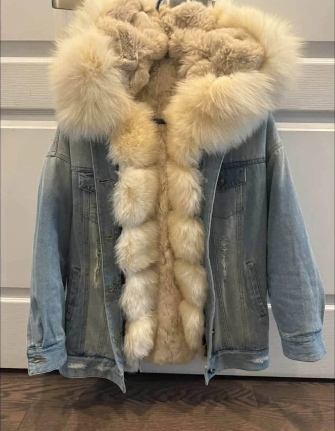 Denim Jacket with Fur Hood and Lining
