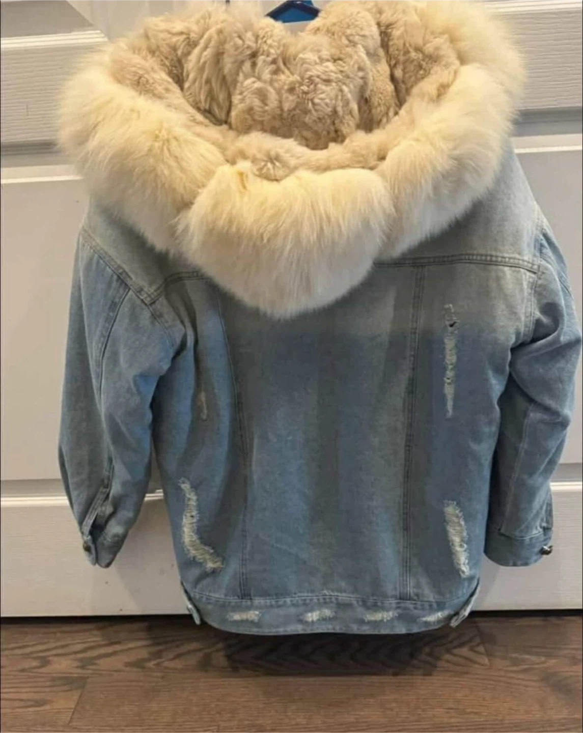 Denim Jacket with Fur Hood and Lining - photo 2