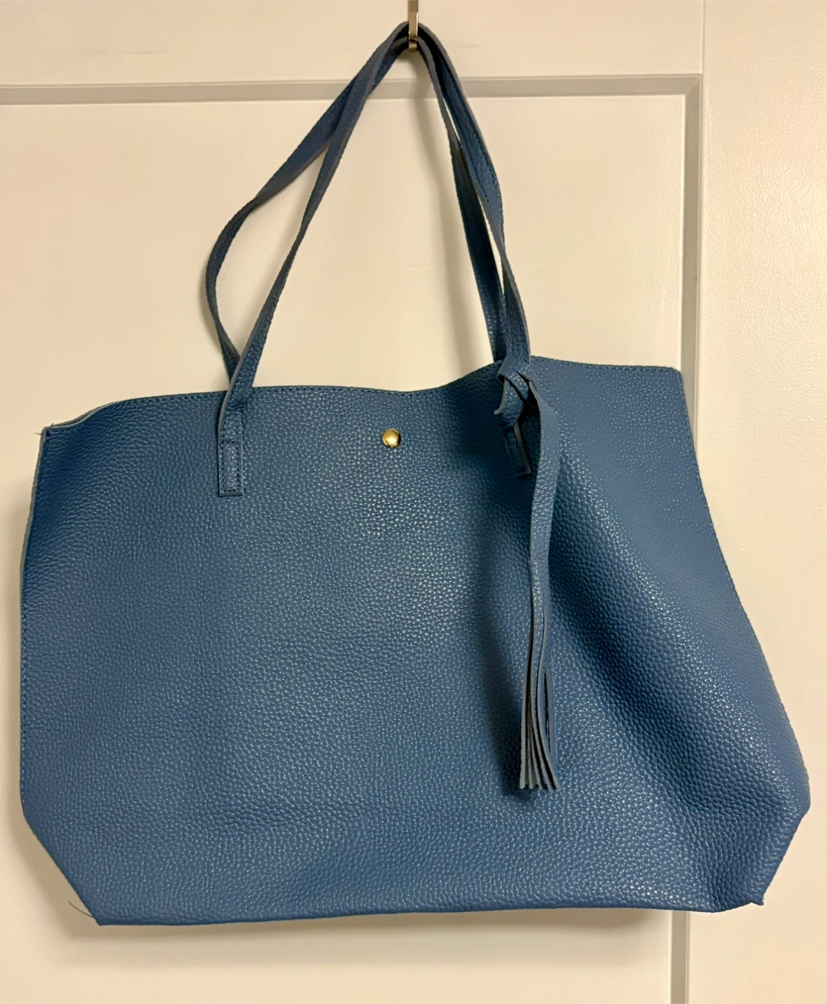 Blue Faux Leather Tote Bag