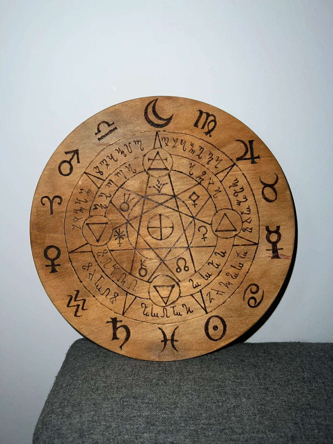 Wooden Alchemical Symbol and Zodiac Wheel