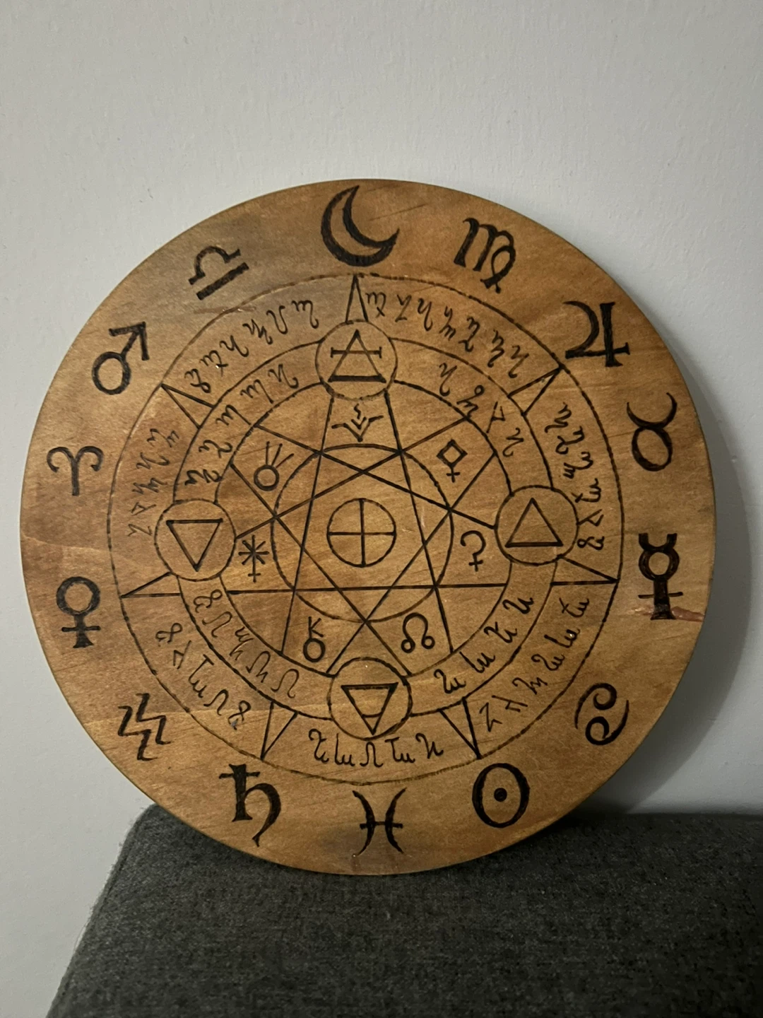 Wooden Alchemical Symbol and Zodiac Wheel - photo 4