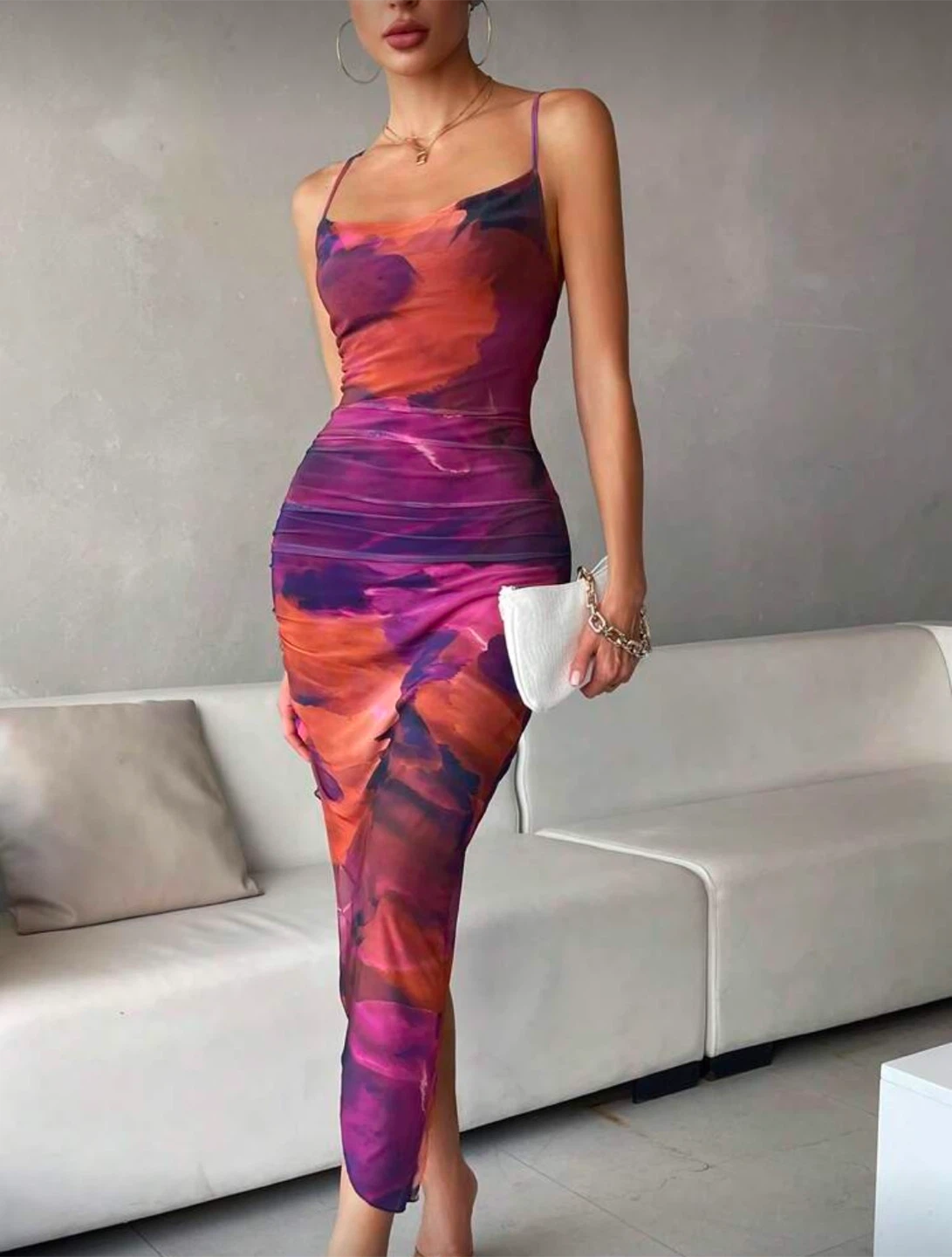 Ruched Mesh Midi Dress - M