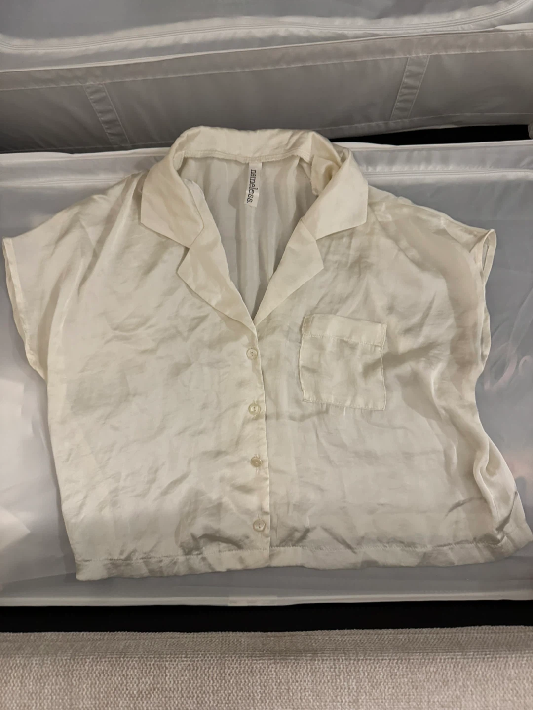 White Satin Button-Up Shirt - M