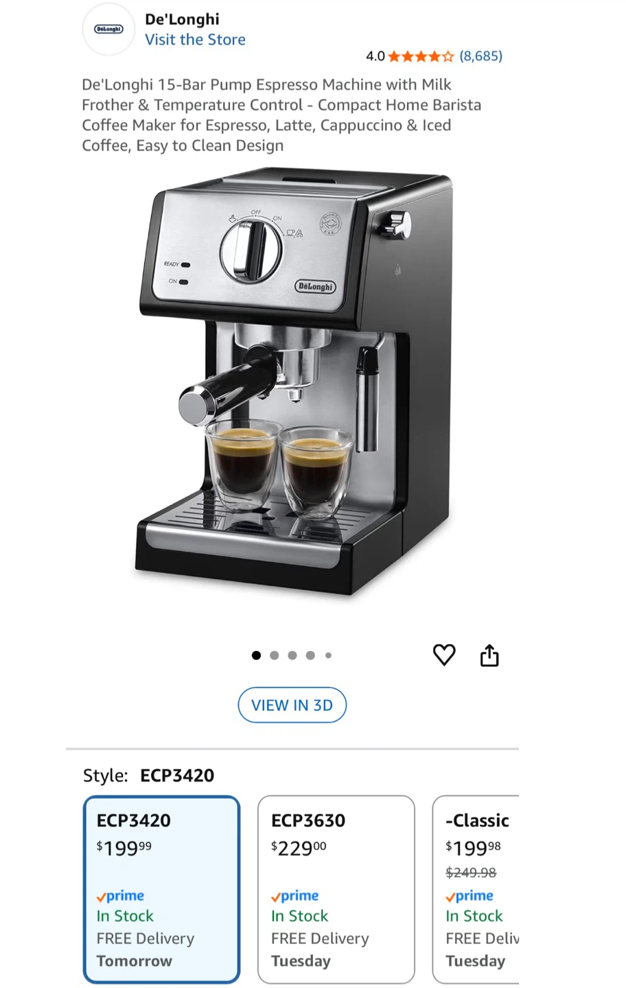 De'Longhi 15-Bar Pump Espresso Machine ECP3420