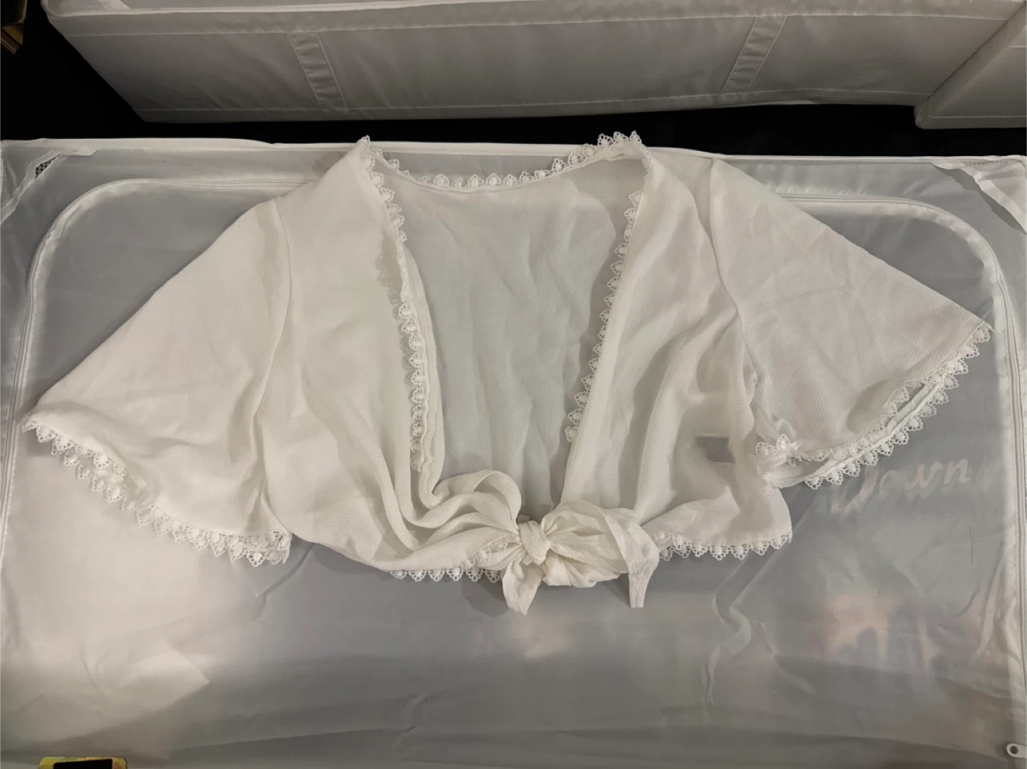 White Lace Trim Tie Front Top - M