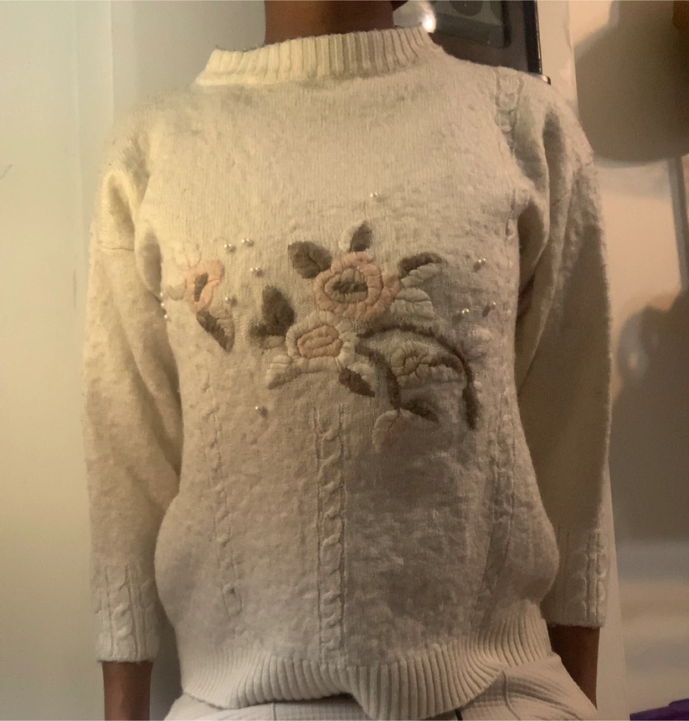 Cream Embroidered Floral Sweater