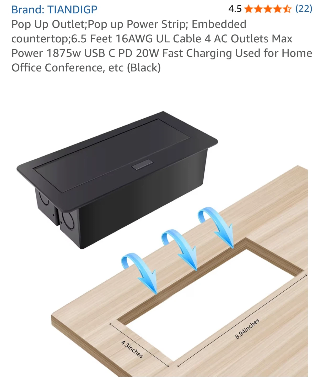 TIANDIGP Pop-up Power Strip with USB C - photo 4